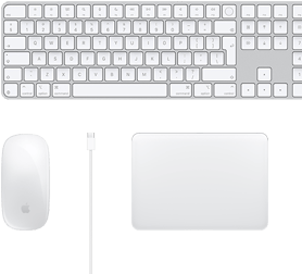 عرض سطح المكتب لفأرة Magic، كابل USB-C، لوحة التتبع Magic، وملحقات لوحة المفاتيح الرقمية Magic