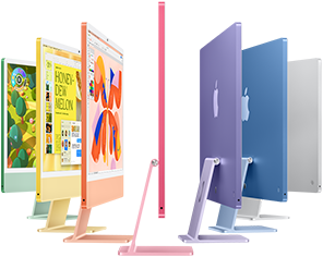 iMac Brilliant. عرض لأجهزة iMac بالألوان الأخضر، الأصفر، البرتقالي، الوردي، الأرجواني، الأزرق، والفضي