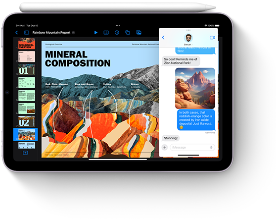 يُعرض iPad mini في وضع العرض الأفقي مع وضع Apple Pencil عبر الأعلى. تبرز الشاشة ميزات تعدد المهام وApple Intelligence الجديدة في iPad mini