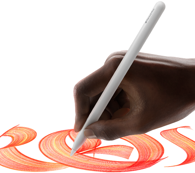 يُستخدم Apple Pencil Pro لإنشاء نص ملون ومتعرج تمسكه يد المستخدم