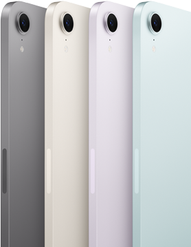 يُعرض منظر الخلف والكاميرا لأربعة نماذج من iPad mini بألوانها المتاحة: رمادي فضائي، ستارلايت، بنفسجي، وأزرق