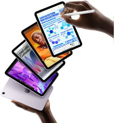 يُعرض خمسة نماذج من iPad mini بشكل مروحي تمسكها يد المستخدم. يظهر نموذج واحد الكاميرا الخلفية، والأربعة الأخرى تواجه الأمام. يُستخدم Apple Pencil Pro لتدوين الملاحظات