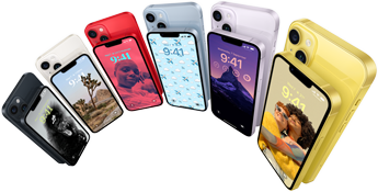 الواجهة الأمامية والخلفية لـ iPhone 14 معروضة بستة ألوان — Midnight، Starlight، PRODUCT(RED)، Blue، Purple، و Yellow.