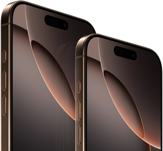 iPhone 16 Pro Max بحجم 6.9 بوصة وiPhone 16 Pro بحجم 6.3 بوصة، الواجهة الأمامية، زر Action، أزرار الصوت، Dynamic Island في المنتصف قرب الأعلى