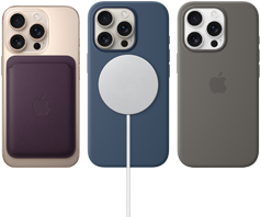 ثلاثة أجهزة iPhone 16 Pro، الظهر الخارجي، مع ملحقات MagSafe المرفقة: محفظة iPhone FineWoven MagSafe، شاحن MagSafe، وغطاء سيليكون iPhone مع MagSafe