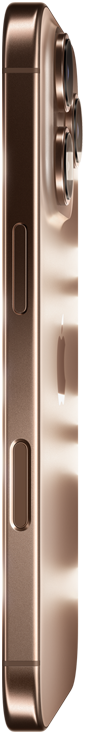 iPhone 16 Pro بتشطيب Desert Titanium، الجانب الخارجي، شعار Apple في الوسط، نظام كاميرا Pro مرتفع، زر الجانب، زر التحكم بالكاميرا