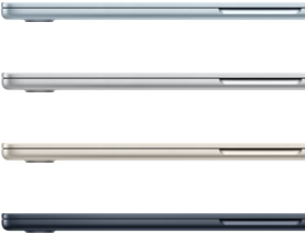أربعة أجهزة MacBook Air تعرض ألوان الجهاز المتوفرة: الأزرق السماوي والفضي وضوء النجوم وسماء الليل