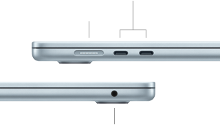 لقطة جانبية لجهاز MacBook Air تبيّن المنافذ: منفذ MagSafe و2 من منافذ ثندربولت 4 في الجهة اليسرى، ومقبس لسماعات الرأس في الجهة اليمنى