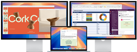 لابتوب MacBook Air مفتوح مع شاشتين خارجيتين، وتظهر على الشاشة مجموعة متنوعة من التطبيقات
