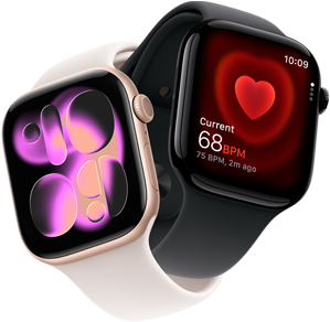 Apple Watch Series 11، ألومنيوم وردي ذهبي، وجه ساعة Responsive Art، الجانب الخارجي الأيمن: Digital Crown، ميكروفون، زر جانبي، سوار رياضي بلون وردي فاتح، Apple Watch Series 11، ألومنيوم أسود نفاث، تطبيق Heart Rate، نبضات القلب الحالية في الدقيقة، الجانب الخارجي الأيمن: Digital Crown، سوار رياضي أسود