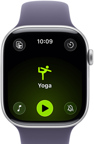Apple Watch Series 11، علبة من الألمنيوم باللون الفضي، تمرين يوغا مفتوح، الجانب الأيمن الخارجي: Digital Crown، سوار رياضي بلون ضبابي بنفسجي