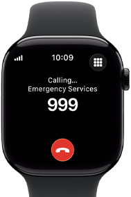 Apple Watch Series 11، علبة من الألمنيوم باللون الأسود اللامع، مكالمة طوارئ إلى 911 على الشاشة، الجانب الأيمن الخارجي: Digital Crown، سوار رياضي أسود