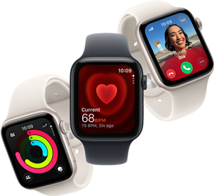 ثلاثة أجهزة Apple Watch SE 3 تطفو بجانب بعضها البعض