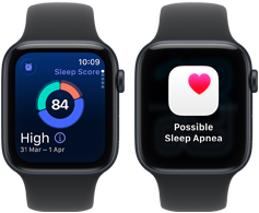 جهازي Apple Watch SE 3 بحالات ألومنيوم Midnight يعرضان درجة النوم وتنبيه محتمل لانقطاع التنفس أثناء النوم على الشاشات
