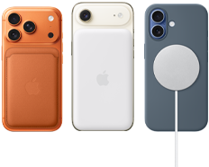 iPhone 17 Pro، الجزء الخلفي الخارجي، لون برتقالي كوني، مع حافظة من السيليكون بلون بنّي سيينا ومحفظة من نسيج محبوك مع MagSafe بلون برتقالي دافئ؛ iPhone Air، الجزء الخلفي الخارجي، لون أبيض سحابي، مع بطارية Magsafe؛ iPhone 17، الجزء الخلفي الخارجي، لون أزرق ضبابي، مع حافظة من السيليكون بلون أزرق حديدي وشاحن MagSafe