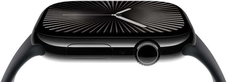 شاشة وتاج رقمي لـ Apple Watch Series 10 من الجانب. تميل الساعة جانبياً لعرض المزيد من الشاشة