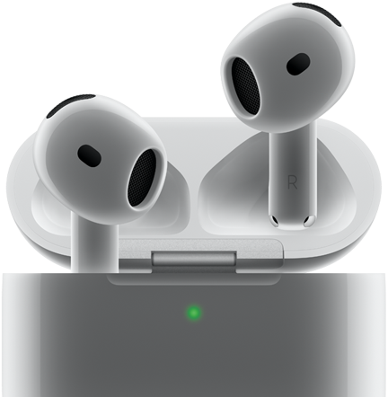 AirPods 4 معروضة وهي تطفو خارج العلبة، والعلبة بها ضوء أخضر