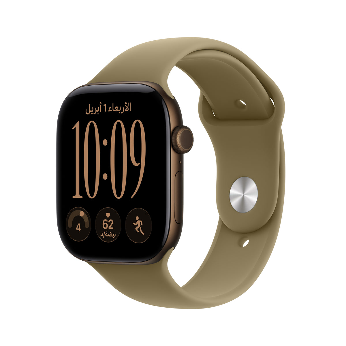 Apple_Watch_Series_12_42mm_GPS_Dark_Bronze_Aluminum_Sport_Band_Olive_PDP_Image_Position_1__ar-SA