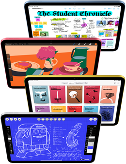 شاشات iPad الأمامية تعرض مجموعة متنوعة من تطبيقات Apple وتطبيقات App Store