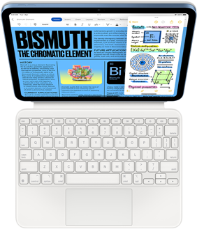iPad متصل بـ Magic Keyboard Folio، الشاشة تعرض Slide Over مع تطبيق Pages و Notes