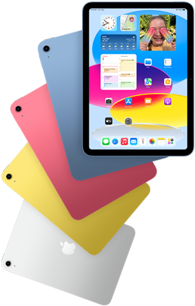 عرض أمامي لـ iPad يظهر الشاشة الرئيسية، وخلفه أربعة نماذج iPad تواجه الخلف بالألوان الأزرق، الوردي، الأصفر، والفضي