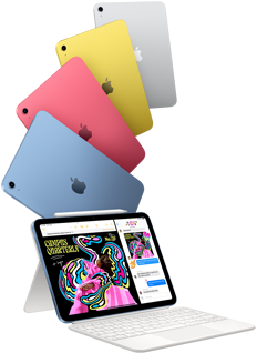 iPad بالألوان الأزرق، الوردي، الأصفر، والفضي وiPad متصل بـ Magic Keyboard Folio مع Apple Pencil