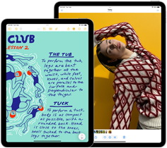 iPad بحجم 11 بوصة و13 بوصة موضوعان جنبًا إلى جنب يعرضان شاشة Liquid Retina