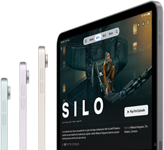 عرض جانبي لثلاثة نماذج iPad Air، ونموذج رابع يعرض برنامج Apple TV+ Silo