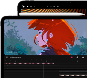 iPad Pro بحجم 11 بوصة مع Apple Pencil Pro متصل وiPad Pro بحجم 13 بوصة خلفه. كلا الطرازين يعرضان صورًا مشرقة، نابضة بالحياة، وملونة على شاشة Ultra Retina XDR