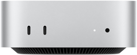 عرض أمامي لـ Mac mini الفضي يُظهر المنافذ الأمامية