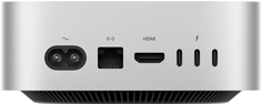 عرض خلفي لـ Mac mini فضي يُظهر المنافذ الخلفية: منفذ HDMI واحد، منفذ Ethernet واحد، ثلاثة منافذ Thunderbolt، ومنفذ الطاقة