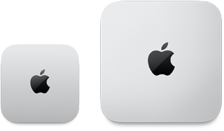 عرض علوي لـ Mac mini فضي 2024 مع شعار Apple بجانب Mac mini فضي 2023 مع شعار Apple لتوضيح الفرق في الحجم
