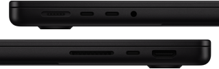 عرض المنافذ على MacBook Pro — الجانب الأيسر: MagSafe، منفذا Thunderbolt، ومنفذ سماعة الرأس — الجانب الأيمن: SDXC، منفذ Thunderbolt واحد، وHDMI