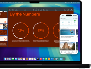 عرض ميزة عكس شاشة iPhone، مع عرض شاشة iPhone داخل شاشة MacBook Pro