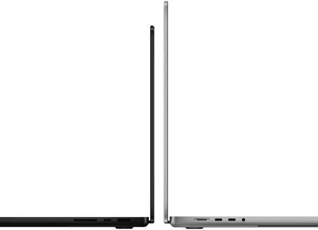 جهازي MacBook Pro مقاس 14 بوصة و16 بوصة جنبًا إلى جنب، يظهران فرق الحجم ويؤكدان على الملف النحيف