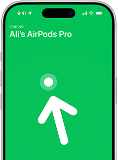iPhone 17 Pro، شاشة Find My مع البحث الدقيق، النص: AirPods Pro الخاصة بـ Matias