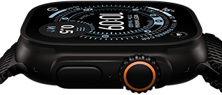 Apple Watch Ultra 3, side exterior, black titanium case,  compass on Orienteering watch face, side button and digital crown