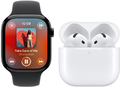 Apple Watch Series 11, titanium slate case, band: black sport band, Apple Music app open, paired with AirPods 4