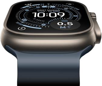 Apple Watch Ultra 3 tilted forward, natural titanium case, compass on Orienteering watch face, anchor blue Ocean Band