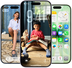 iPhone 17, exterior front, Dynamic Island centered near top, three colors: Mist Blue, Lavender, Sage