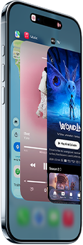 iPhone&nbsp;Air، الجزء الأمامي الخارجي، الجزء الجانبي الخارجي، تصميم نحيف، Dynamic&nbsp;Island في الوسط بالقرب من الجزء العلوي، ميزة مُبدِّل التطبيقات قيد الاستخدام، الأزرار: زر الإجراءات، وزرّا مستوى الصوت
