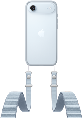 iPhone&nbsp;Air، الجزء الخلفي الخارجي، لون أزرق سماوي، نظام كاميرا Fusion بالقرب من الجزء العلوي، شعار Apple في الوسط، حزام الكتف مع إطار حماية بلون رمادي فاتح