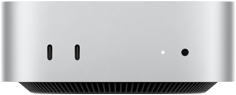 عرض أمامي لـ Mac mini فضي يُظهر المنافذ الأمامية: منفذا USB-C ومنفذ سماعة رأس 3.5 مم