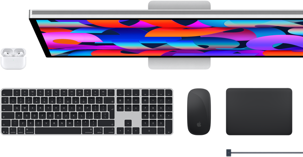 ملحقات Mac: Airpods، Studio Display، Magic Keyboard، Magic Mouse، Magic Trackpad، كابل شحن MagSafe باللون الأسود الفضائي