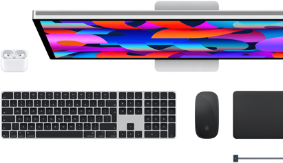 ملحقات Mac: Airpods، Studio Display، Magic Keyboard، Magic Mouse، Magic Trackpad، كابل شحن MagSafe باللون الأسود الفضائي