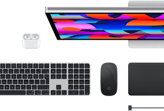 ملحقات Mac: Airpods، Studio Display، Magic Keyboard، Magic Mouse، Magic Trackpad، كابل شحن MagSafe باللون الأسود الفضائي