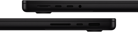 عرض المنافذ على MacBook Pro — الجانب الأيسر: MagSafe 3، منفذا Thunderbolt، ومقبس سماعة الرأس — الجانب الأيمن: فتحة بطاقة SDXC، منفذ Thunderbolt واحد، وHDMI