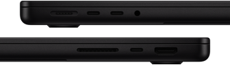 عرض المنافذ على MacBook Pro — الجانب الأيسر: MagSafe 3، منفذا Thunderbolt، ومقبس سماعة الرأس — الجانب الأيمن: فتحة بطاقة SDXC، منفذ Thunderbolt واحد، وHDMI