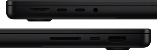 عرض المنافذ على MacBook Pro — الجانب الأيسر: MagSafe 3، منفذا Thunderbolt، ومقبس سماعة الرأس — الجانب الأيمن: فتحة بطاقة SDXC، منفذ Thunderbolt واحد، وHDMI