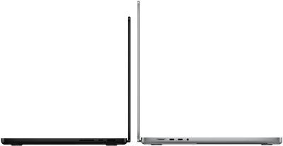 MacBook Pro مقاس 14 بوصة و16 بوصة متجاوران، يظهران الفرق في الحجم ويبرزان الملف الضيق